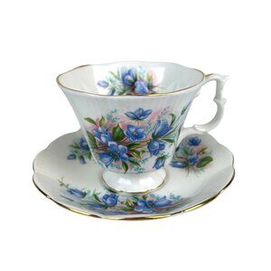 Vintage Royal Albert Teacup & Saucer Set, Blue Floral Garden England Gold Edge